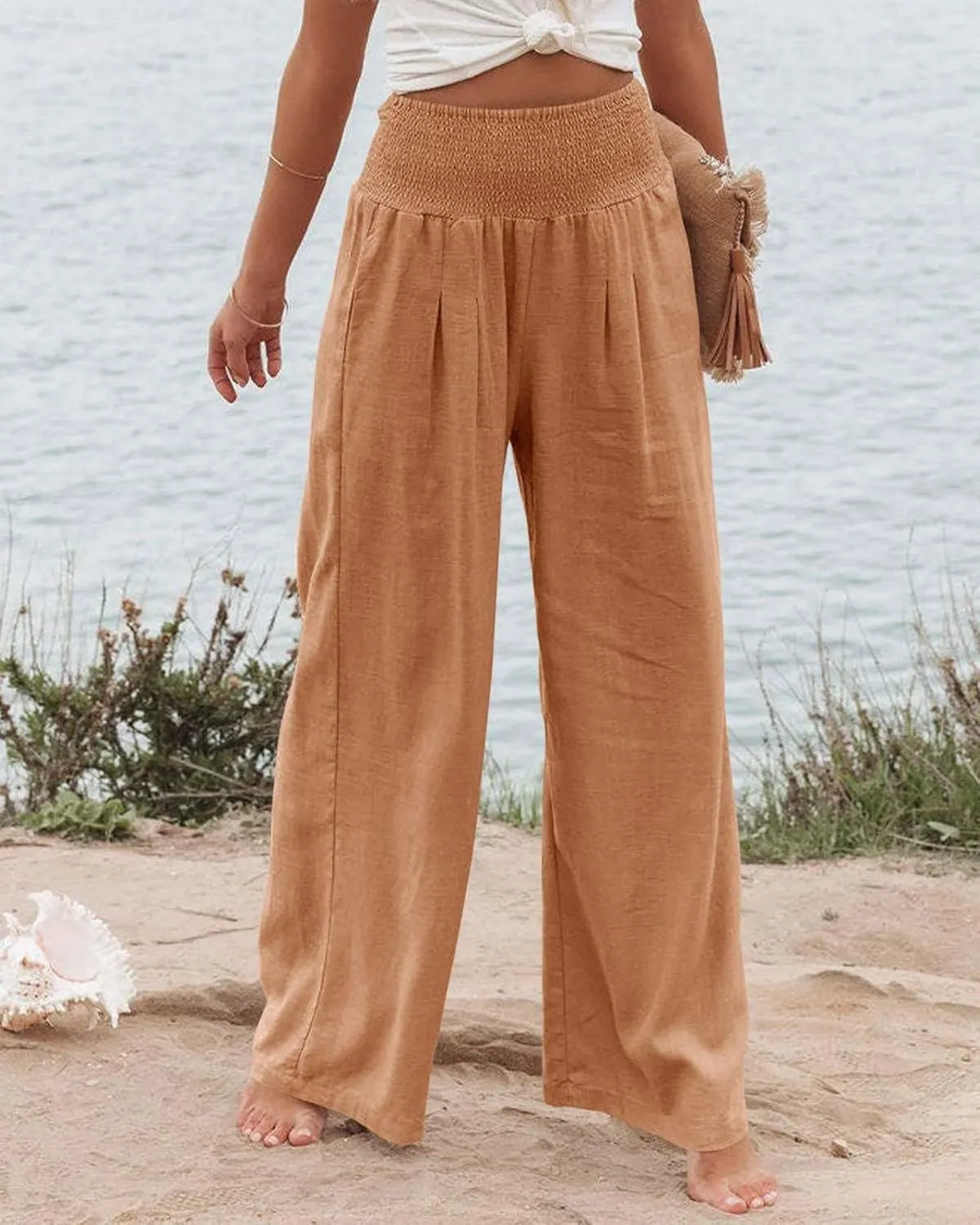 Mmoneyake Women's Linen Palazzo Pants High Waist Wide Leg Pant Lounge Casual Beach Pants Travel Vacation Outfits with Pockets
