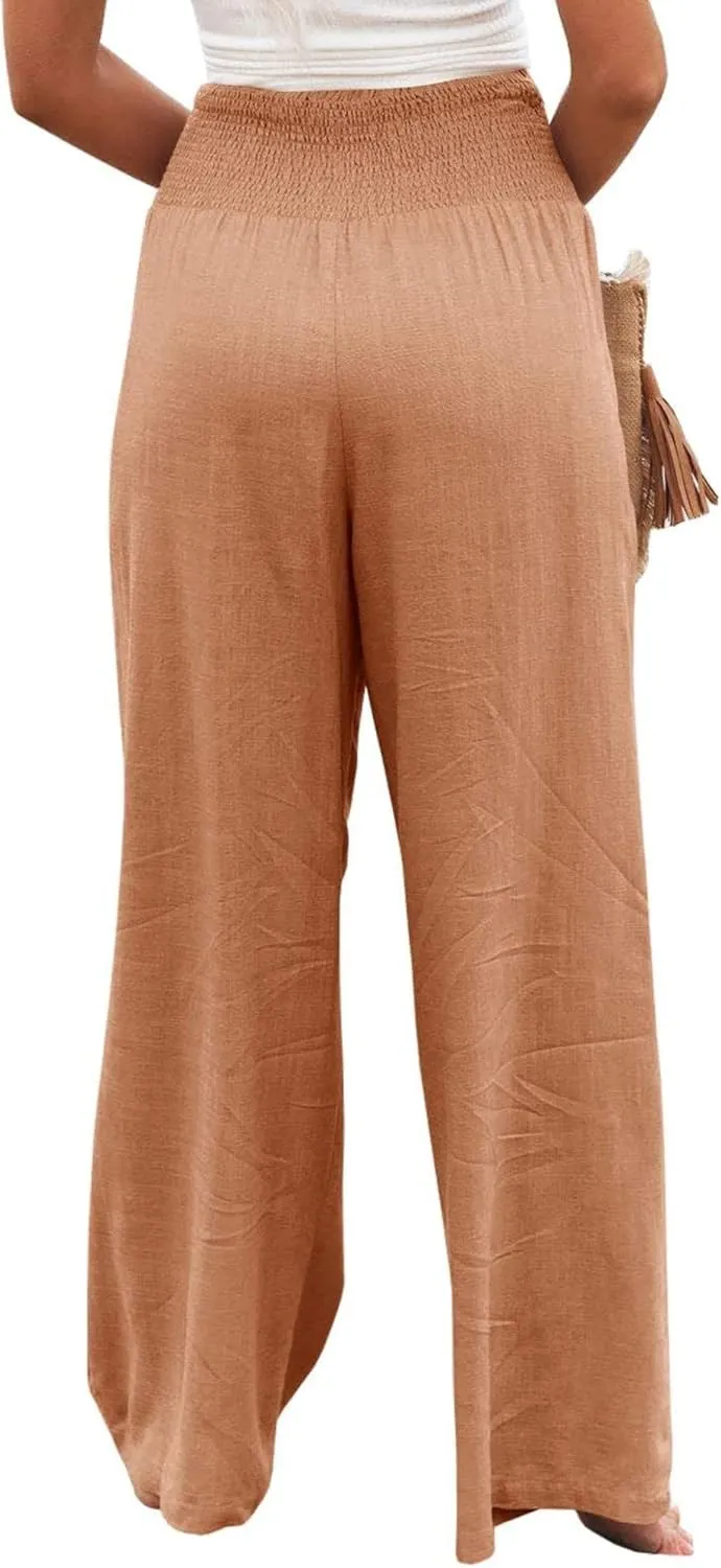 Mmoneyake Women's Linen Palazzo Pants High Waist Wide Leg Pant Lounge Casual Beach Pants Travel Vacation Outfits with Pockets