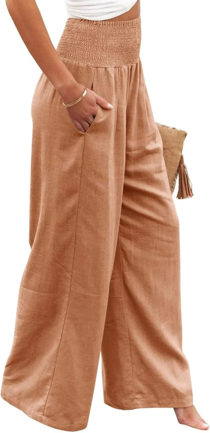 Mmoneyake Women's Linen Palazzo Pants High Waist Wide Leg Pant Lounge Casual Beach Pants Travel Vacation Outfits with Pockets