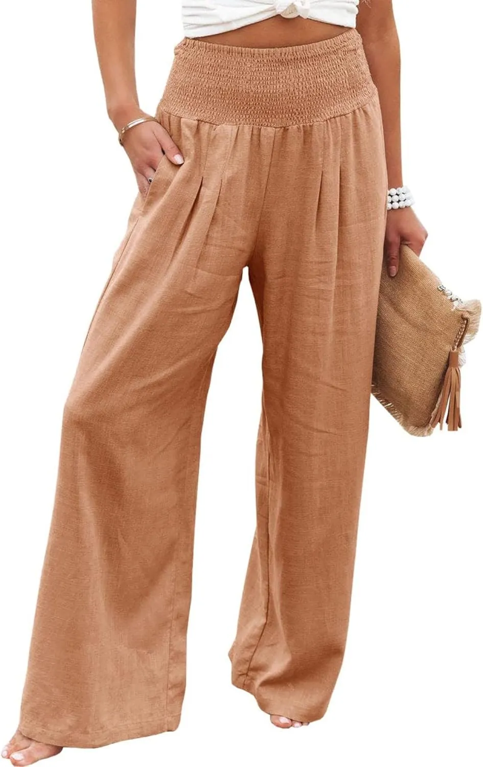 Mmoneyake Women's Linen Palazzo Pants High Waist Wide Leg Pant Lounge Casual Beach Pants Travel Vacation Outfits with Pockets