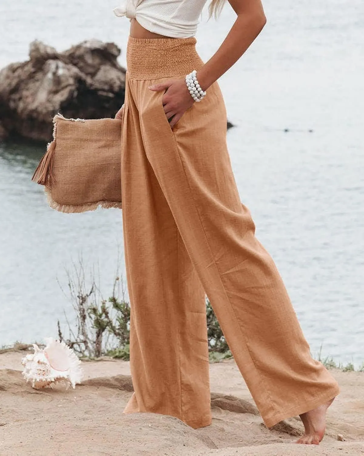 Mmoneyake Women's Linen Palazzo Pants High Waist Wide Leg Pant Lounge Casual Beach Pants Travel Vacation Outfits with Pockets