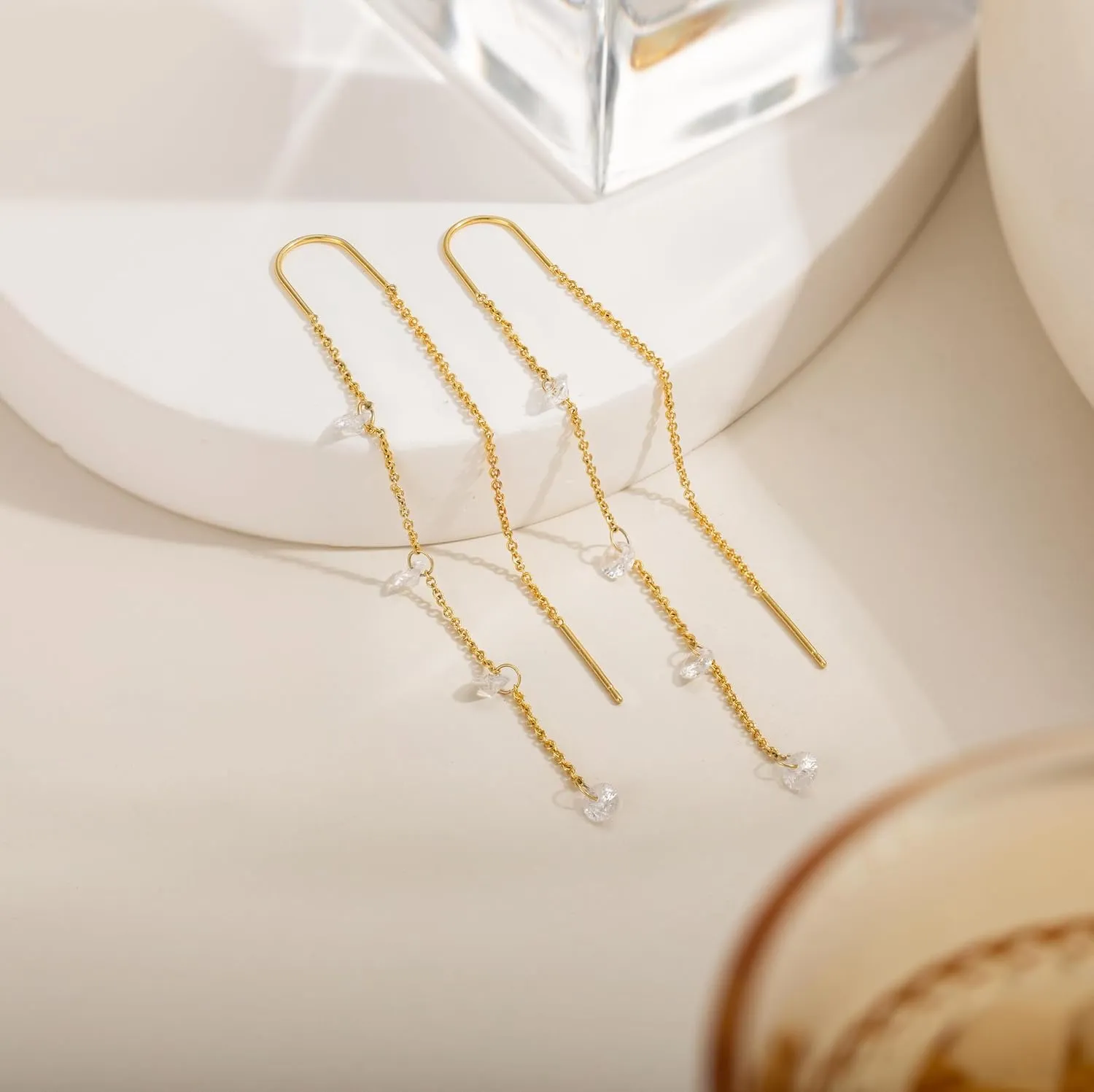 Moodear Dangle Earrings for Women - Dainty 14K Gold/Silver Plated Stack Long Drop Chain Earring Hypoallergenic Cubic Zirconia Hoop Stud Earrings Non Tarnish Trendy Jewelry Set