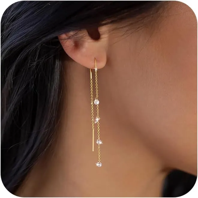 Moodear Dangle Earrings for Women - Dainty 14K Gold/Silver Plated Stack Long Drop Chain Earring Hypoallergenic Cubic Zirconia Hoop Stud Earrings Non Tarnish Trendy Jewelry Set