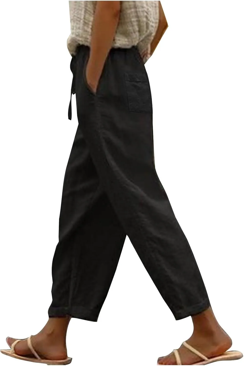 Mzkdieey Cotton Linen Capri Pants for Women Summer Casual Plain Drawstring Elastic Waist Baggy Cropped Trousers with Pockets