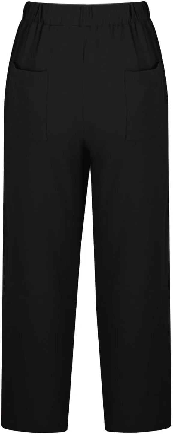 Mzkdieey Cotton Linen Capri Pants for Women Summer Casual Plain Drawstring Elastic Waist Baggy Cropped Trousers with Pockets