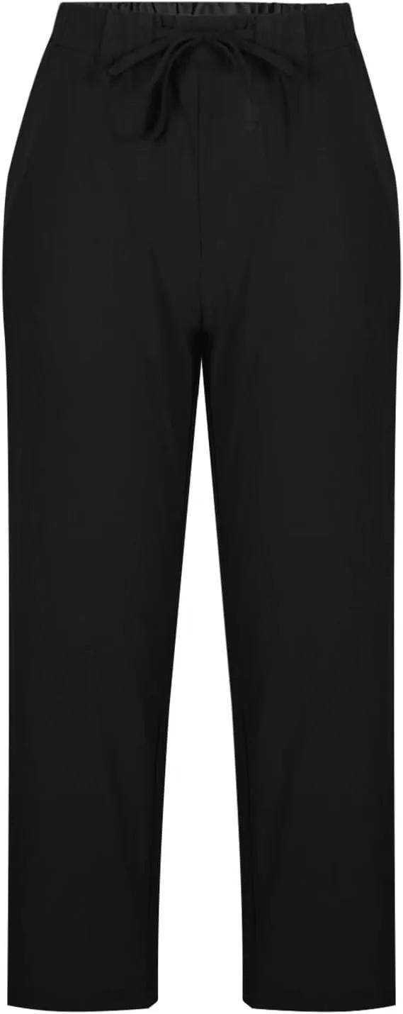 Mzkdieey Cotton Linen Capri Pants for Women Summer Casual Plain Drawstring Elastic Waist Baggy Cropped Trousers with Pockets
