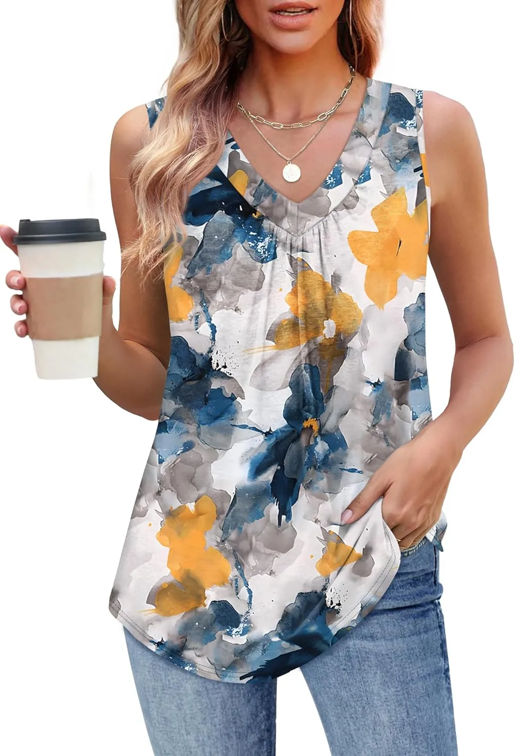 OFEEFAN Tank Top for Women Loose Fit Sleeveless Shirts V Neck Summer Clothes Ruched Women's Tees and Tanks Curved Hem