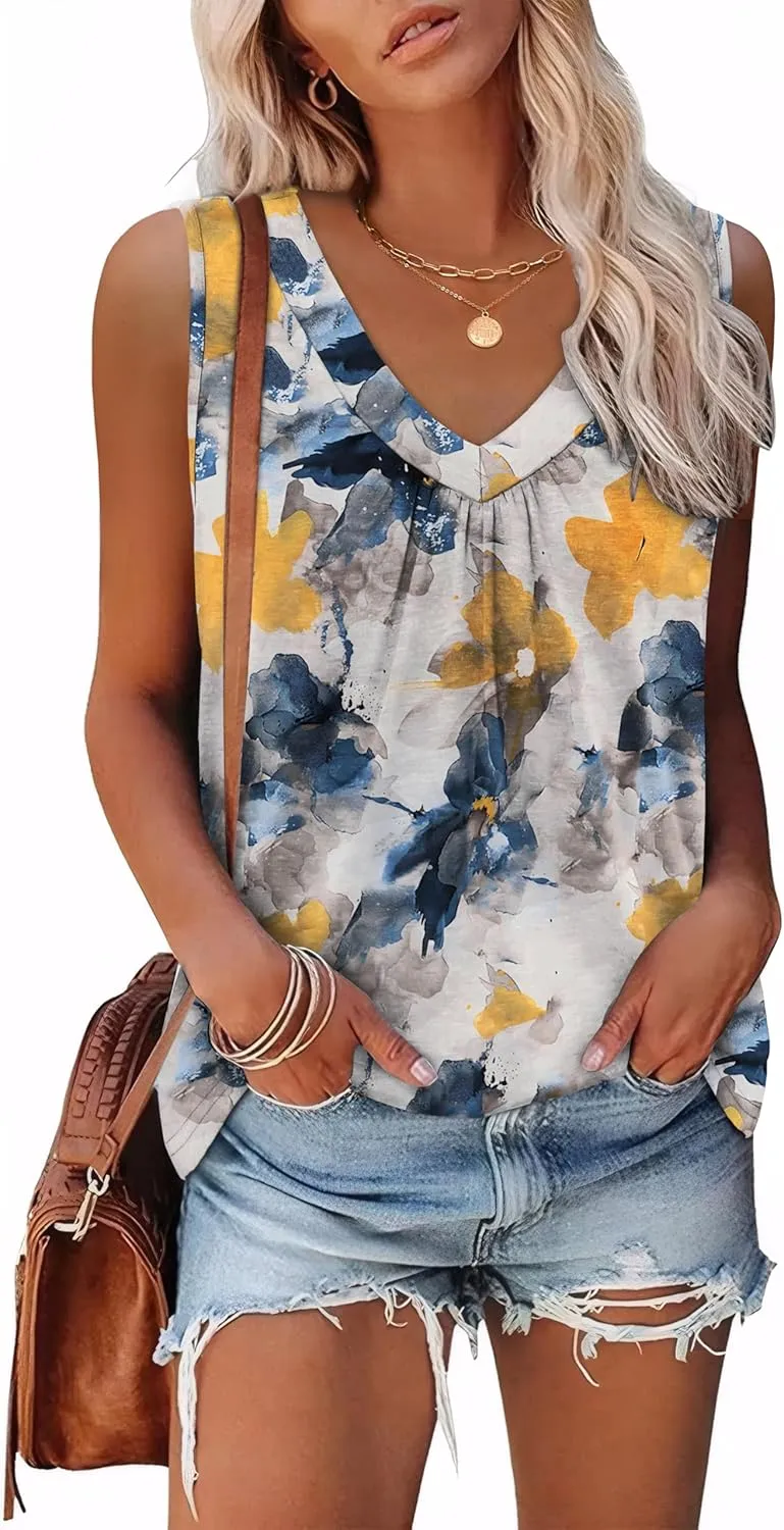 OFEEFAN Tank Top for Women Loose Fit Sleeveless Shirts V Neck Summer Clothes Ruched Women's Tees and Tanks Curved Hem