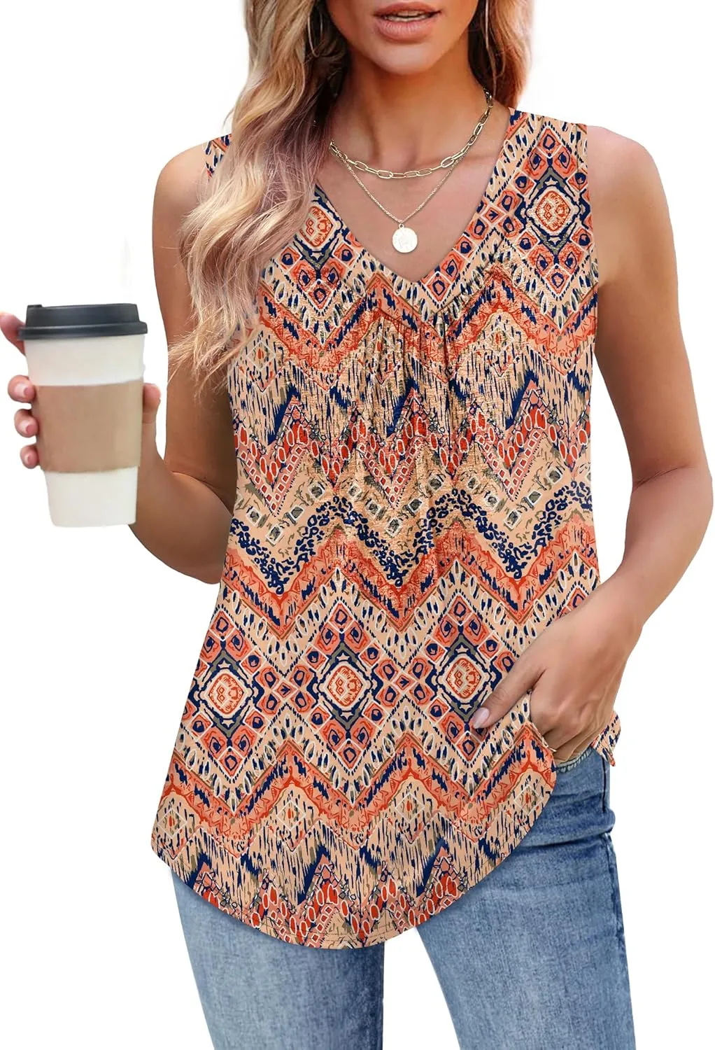 OFEEFAN Tank Top for Women Loose Fit Sleeveless Shirts V Neck Summer Clothes Ruched Women's Tees and Tanks Curved Hem