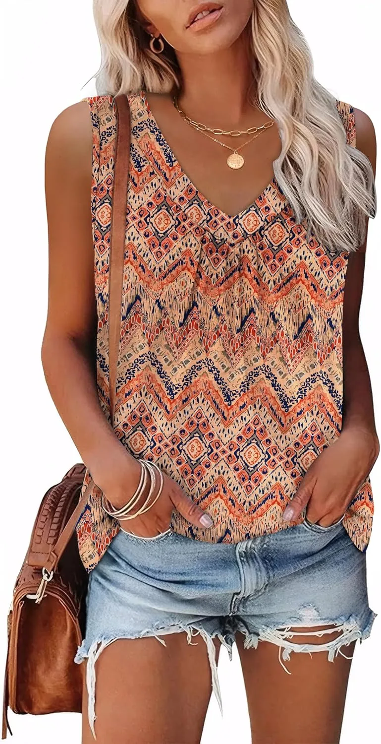 OFEEFAN Tank Top for Women Loose Fit Sleeveless Shirts V Neck Summer Clothes Ruched Women's Tees and Tanks Curved Hem