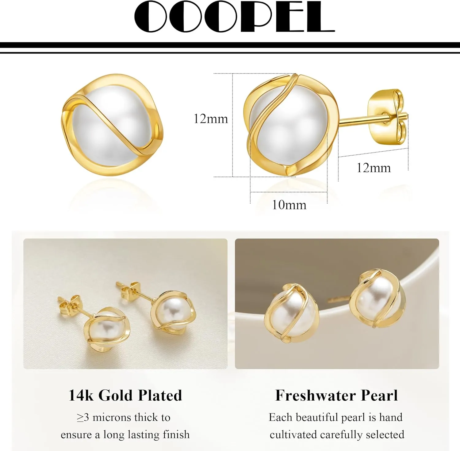 OOOPEL Pearl Earrings for Women Freshwater Pearl Dangle Earrings Sterling Silver Elegant Pearl Stud 14K Gold Plated Handpicked Freshwater Cultured Pearl Earrings Wedding Gifts for Women