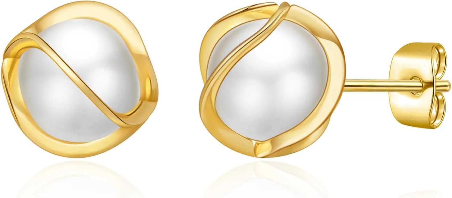 OOOPEL Pearl Earrings for Women Freshwater Pearl Dangle Earrings Sterling Silver Elegant Pearl Stud 14K Gold Plated Handpicked Freshwater Cultured Pearl Earrings Wedding Gifts for Women