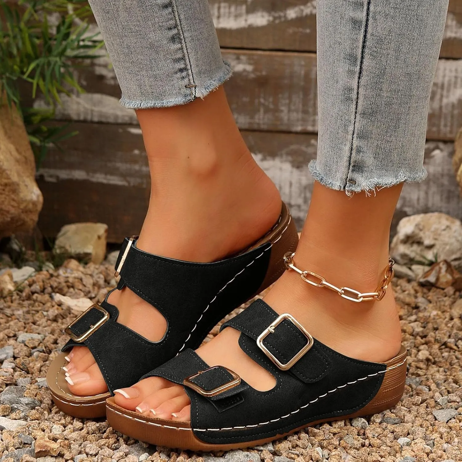 Orthopedic Sandals for Women Arch Support, Women Dressy Summer Wedges Adjustable Buckle Slip On Walking Sandals Comfortable Slides Sandal for Plantar Fasciitis
