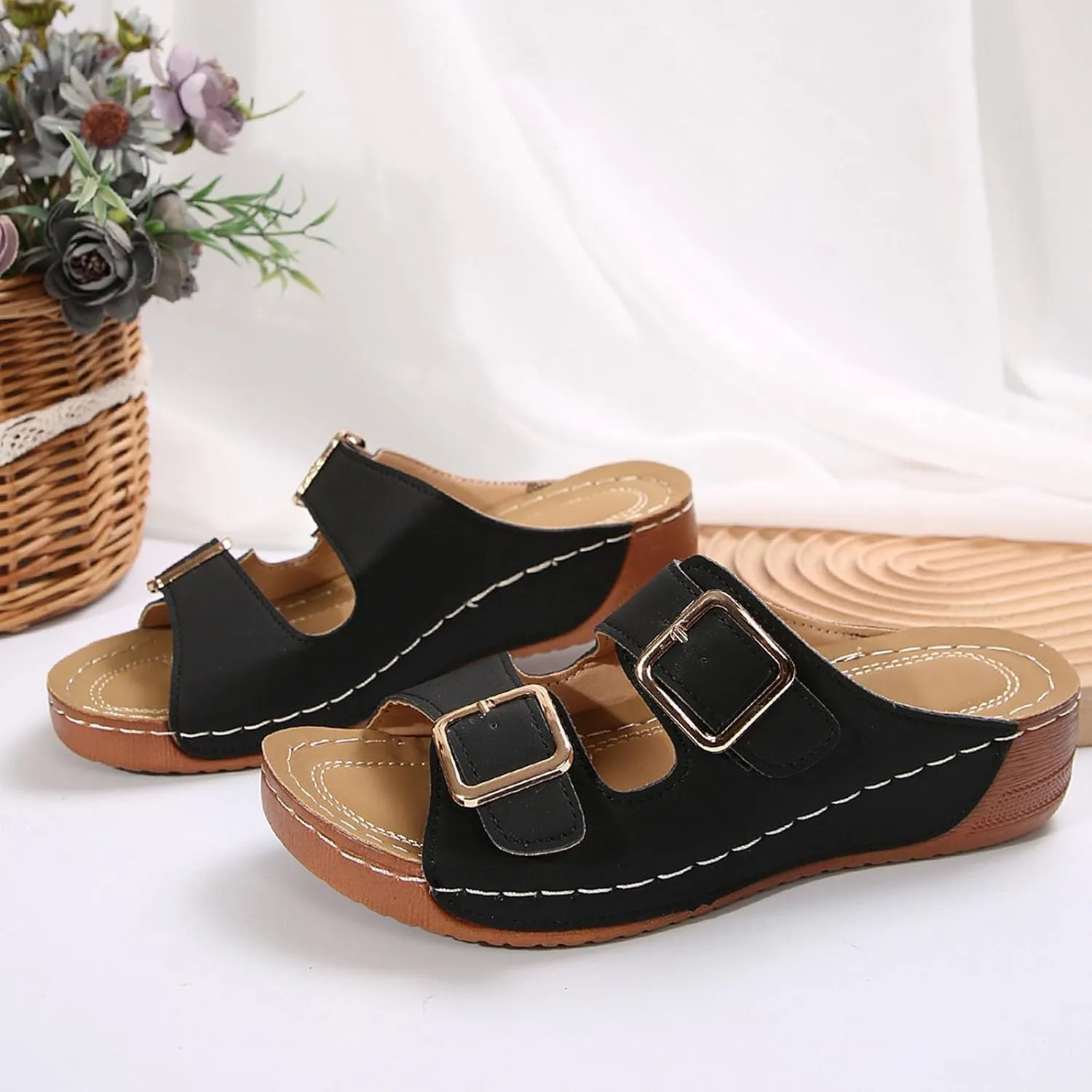 Orthopedic Sandals for Women Arch Support, Women Dressy Summer Wedges Adjustable Buckle Slip On Walking Sandals Comfortable Slides Sandal for Plantar Fasciitis