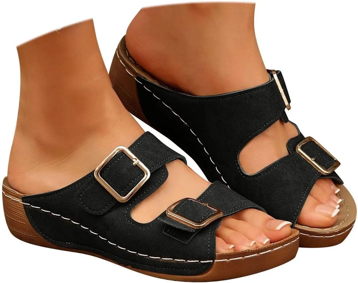Orthopedic Sandals for Women Arch Support, Women Dressy Summer Wedges Adjustable Buckle Slip On Walking Sandals Comfortable Slides Sandal for Plantar Fasciitis