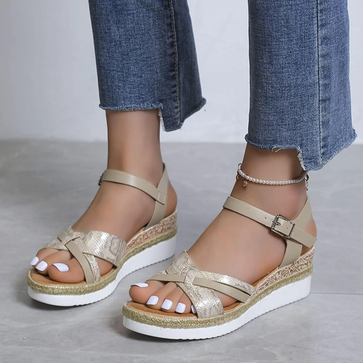 Orthopedic Sandals for Women,Summer Dressy Open Toe Ankle Strap Platform Beach Casual Slip on Dress Sandal Buckle Studded Shoes Strappy Sandals Walking Slippers with Arch Support Wedge