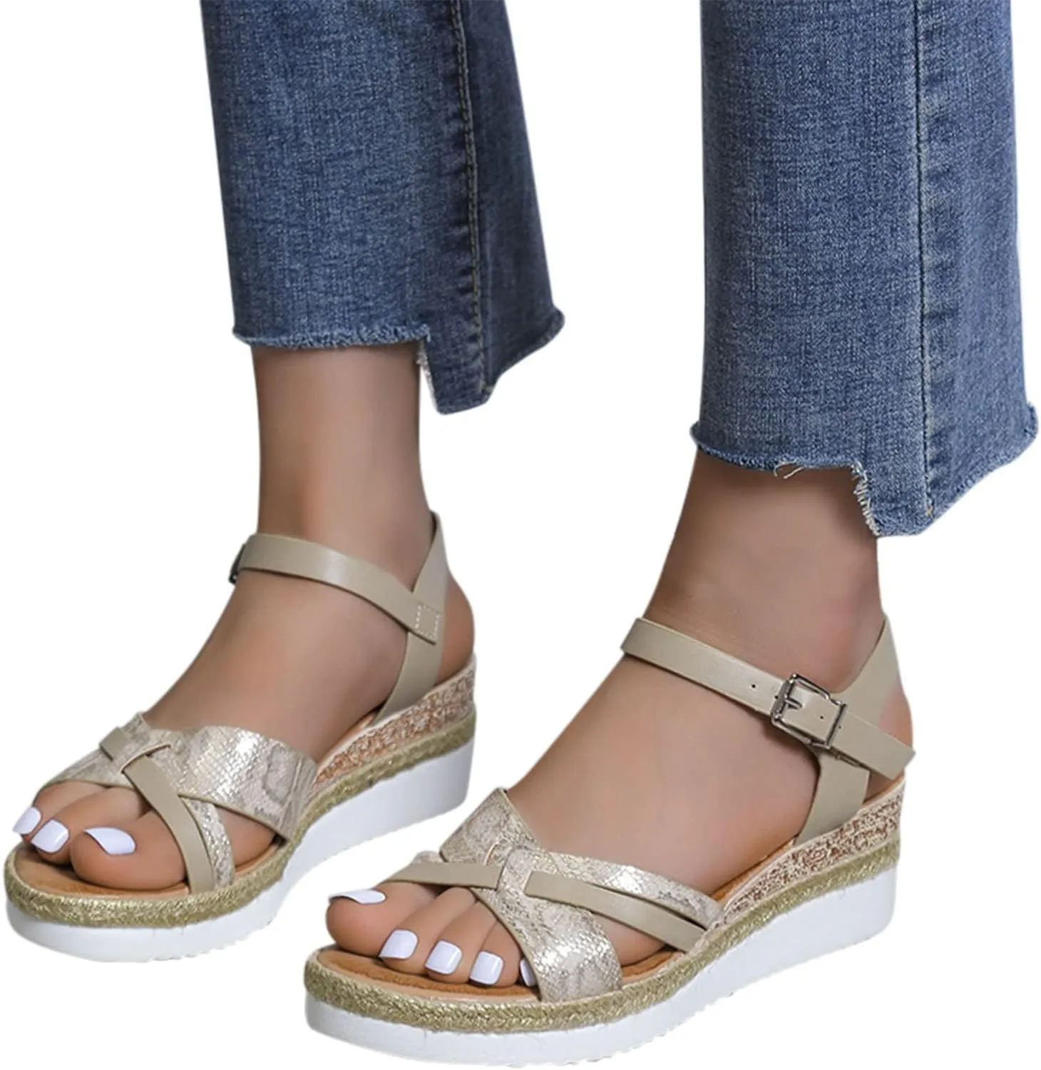 Orthopedic Sandals for Women,Summer Dressy Open Toe Ankle Strap Platform Beach Casual Slip on Dress Sandal Buckle Studded Shoes Strappy Sandals Walking Slippers with Arch Support Wedge
