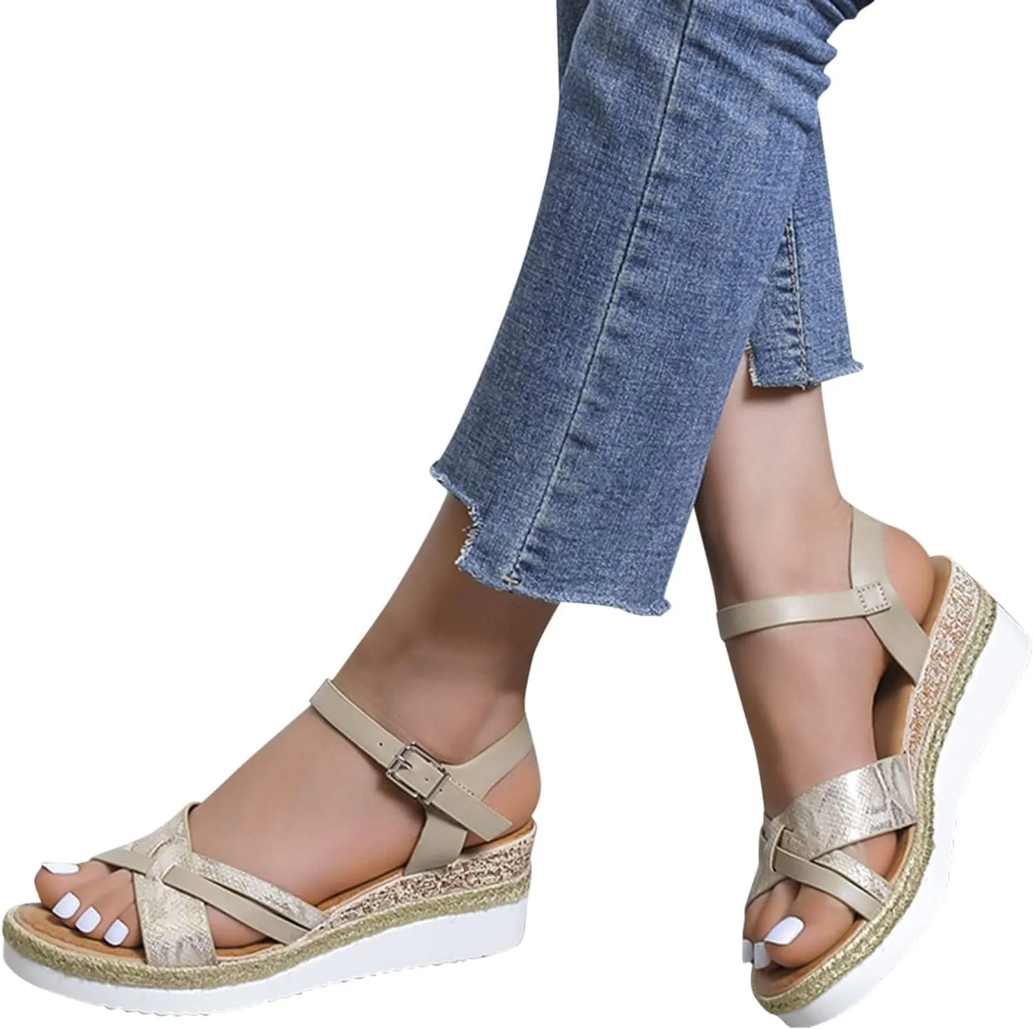 Orthopedic Sandals for Women,Summer Dressy Open Toe Ankle Strap Platform Beach Casual Slip on Dress Sandal Buckle Studded Shoes Strappy Sandals Walking Slippers with Arch Support Wedge