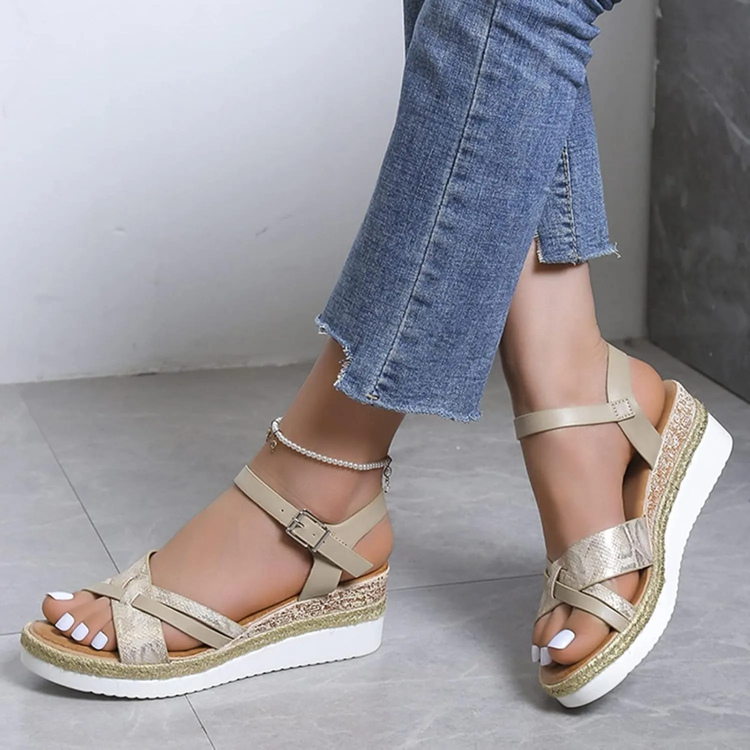 Orthopedic Sandals for Women,Summer Dressy Open Toe Ankle Strap Platform Beach Casual Slip on Dress Sandal Buckle Studded Shoes Strappy Sandals Walking Slippers with Arch Support Wedge
