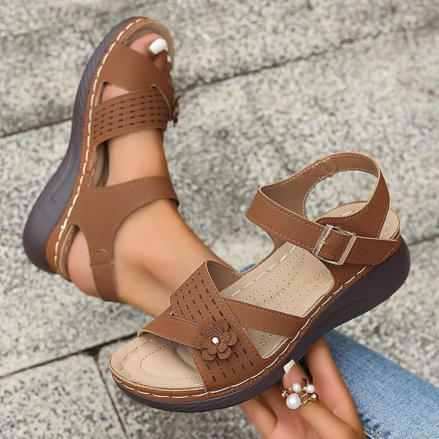 Orthopedic Wedge Sandals for Women Summer Dressy 2025,Strappy Arch Support Flat Wedges Walking Open Toe Ankle Strap Comfortable Platform Slip-On Shoe
