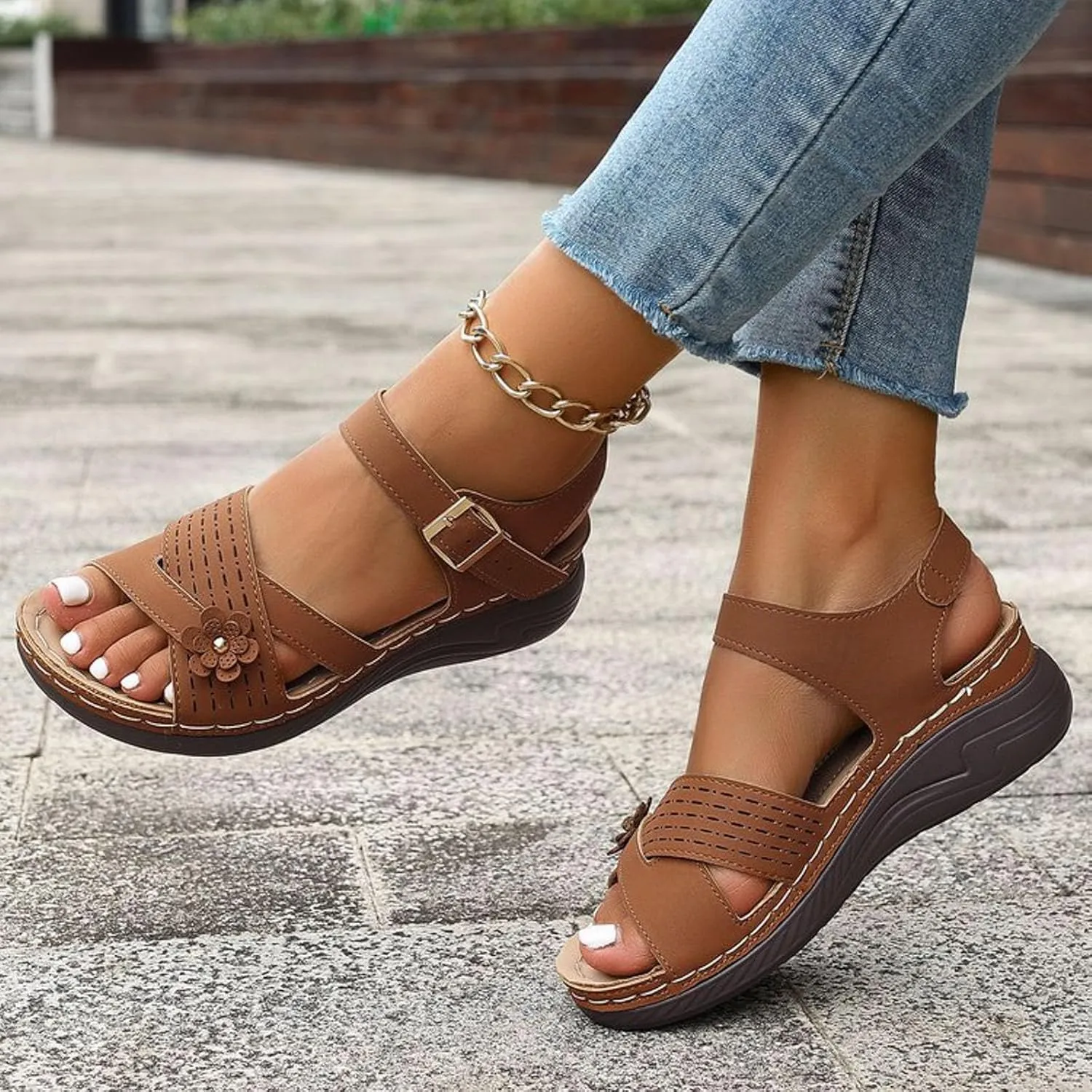 Orthopedic Wedge Sandals for Women Summer Dressy 2025,Strappy Arch Support Flat Wedges Walking Open Toe Ankle Strap Comfortable Platform Slip-On Shoe