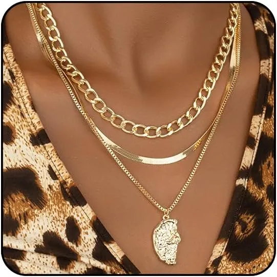 Otxas Gold Layered Necklaces for Women 18K Gold Plated Stacked Necklaces Paperclip Chain Geometric Pendant Necklace Gold Boho Jewelry for Women