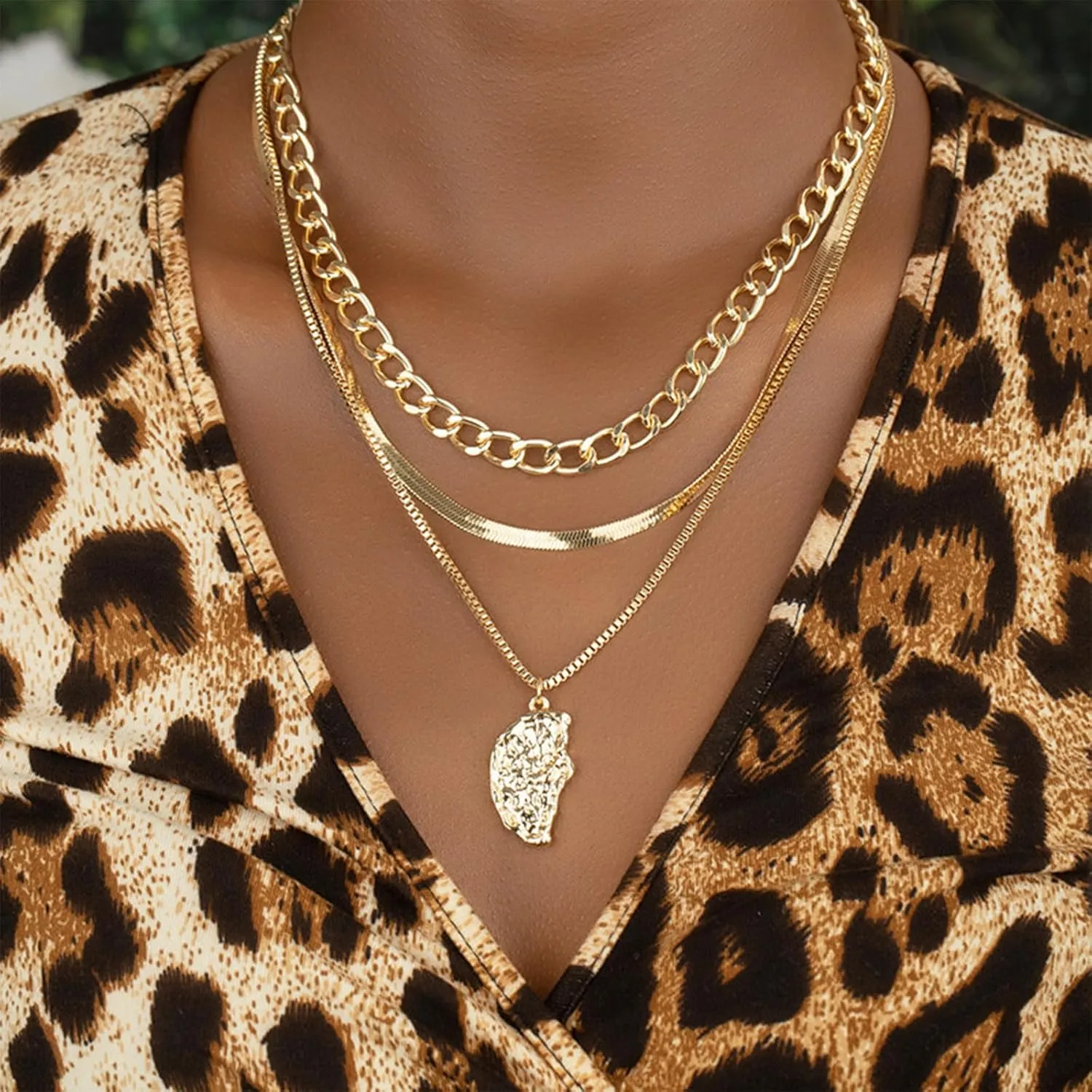 Otxas Gold Layered Necklaces for Women 18K Gold Plated Stacked Necklaces Paperclip Chain Geometric Pendant Necklace Gold Boho Jewelry for Women