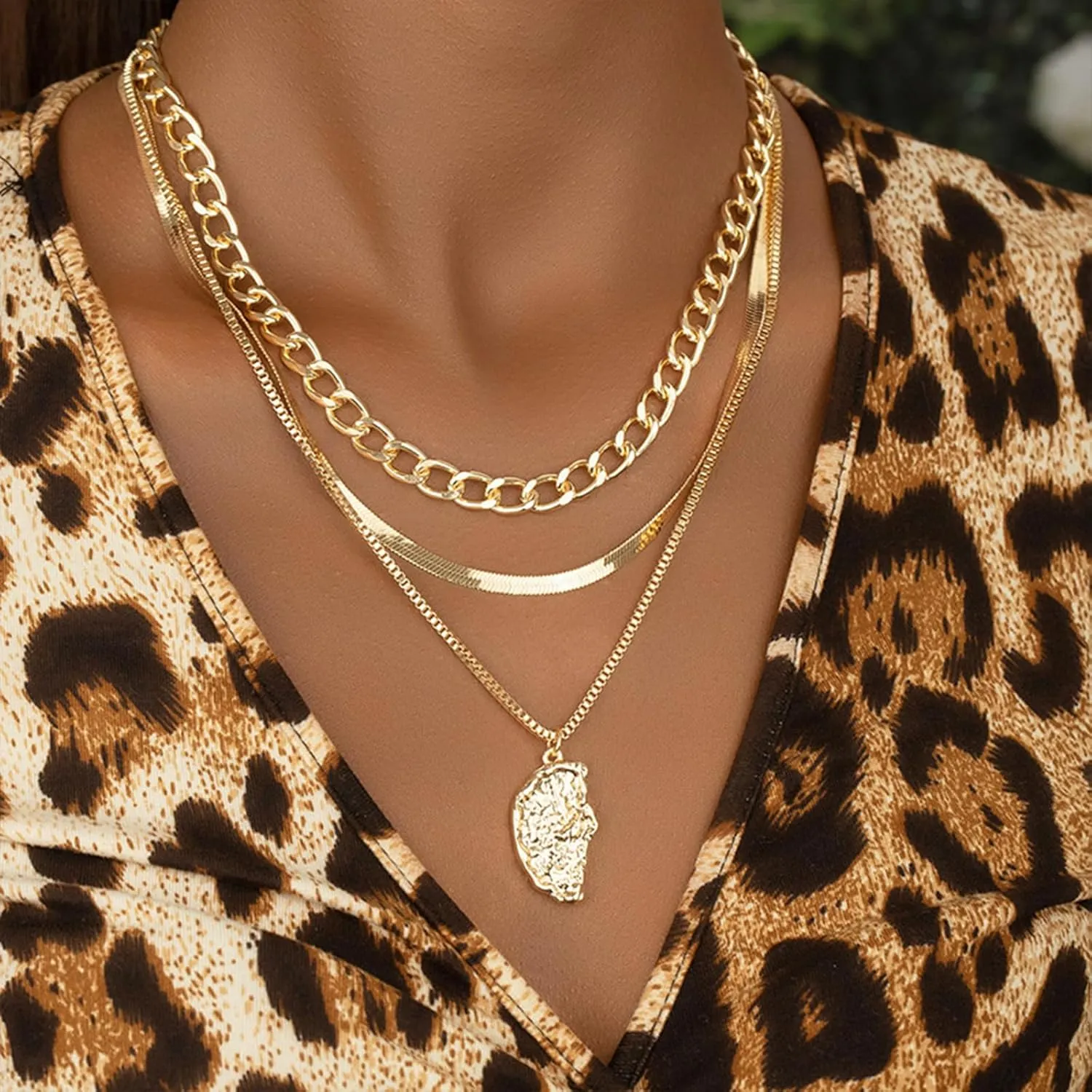 Otxas Gold Layered Necklaces for Women 18K Gold Plated Stacked Necklaces Paperclip Chain Geometric Pendant Necklace Gold Boho Jewelry for Women