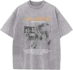 Oversized Graphic Tshirts for Men Acid Wash Los Angeles Vintage Tees Streetwear Baggy Cotton Shirts Casual Tops