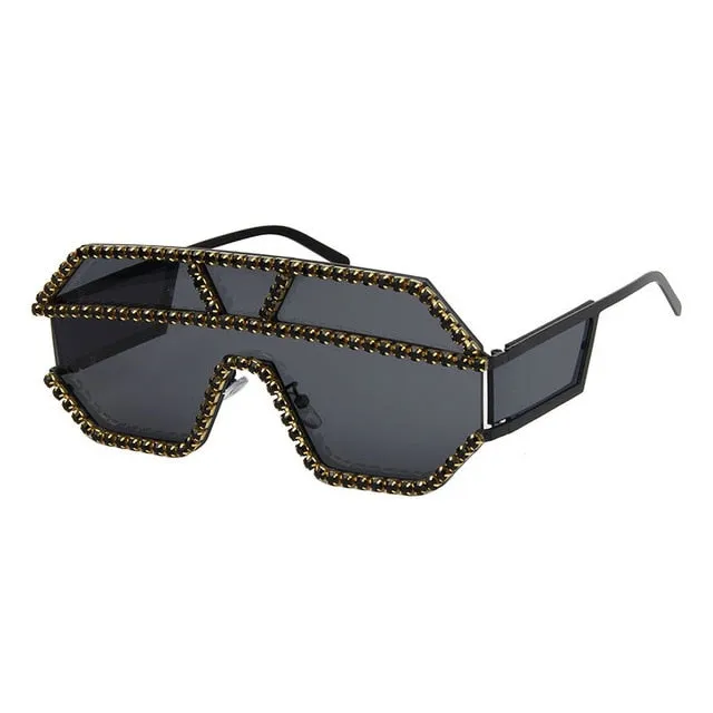 Oversized Rhinestone Geometric Pattern One Lens Sunglasses UV400
