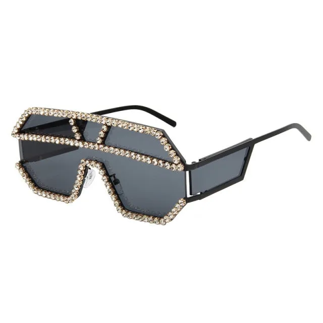 Oversized Rhinestone Geometric Pattern One Lens Sunglasses UV400