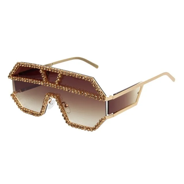Oversized Rhinestone Geometric Pattern One Lens Sunglasses UV400