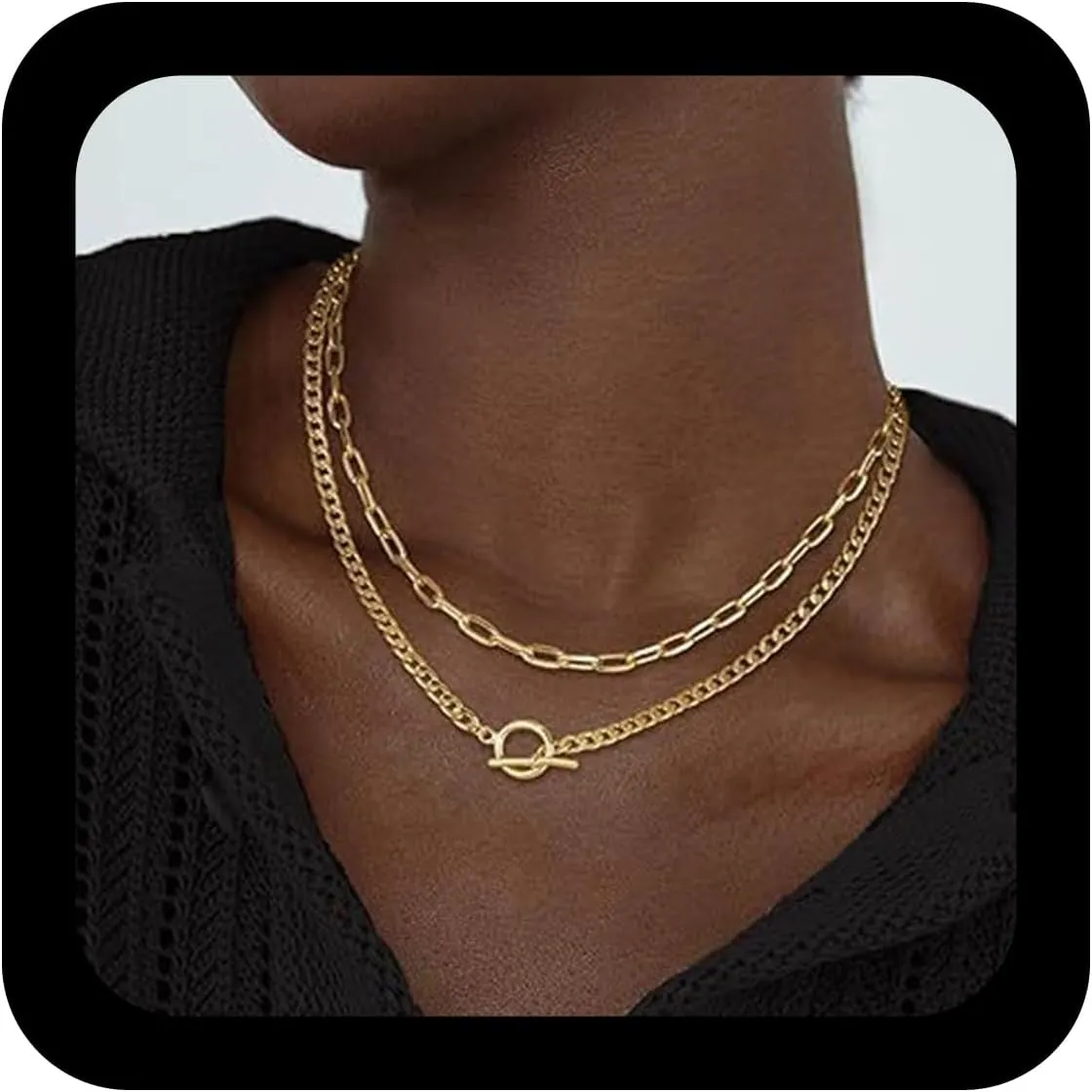 Paper Clip Layered Necklace Gold Hollow Circle Choker Necklace Paper Clip Chain Necklaces Paperclip T Collar Necklaces Jewelry for Women