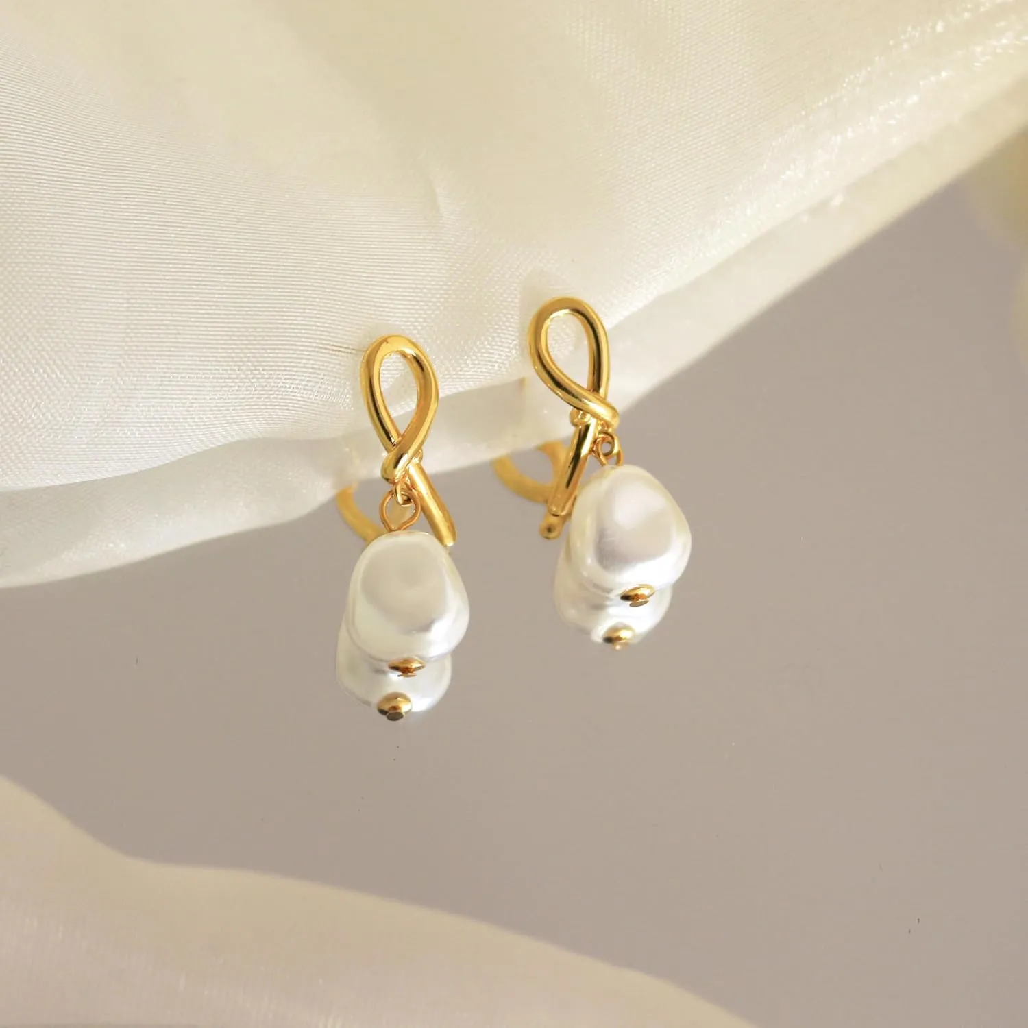 Pearl Earrings for Women Trendy - Gold Hoop Earrings 14K Gold Plated Dangle Drop Huggie Earrings Dainty Hypoallergenic Lightweight Cute Studs Wedding Jewelry Gifts