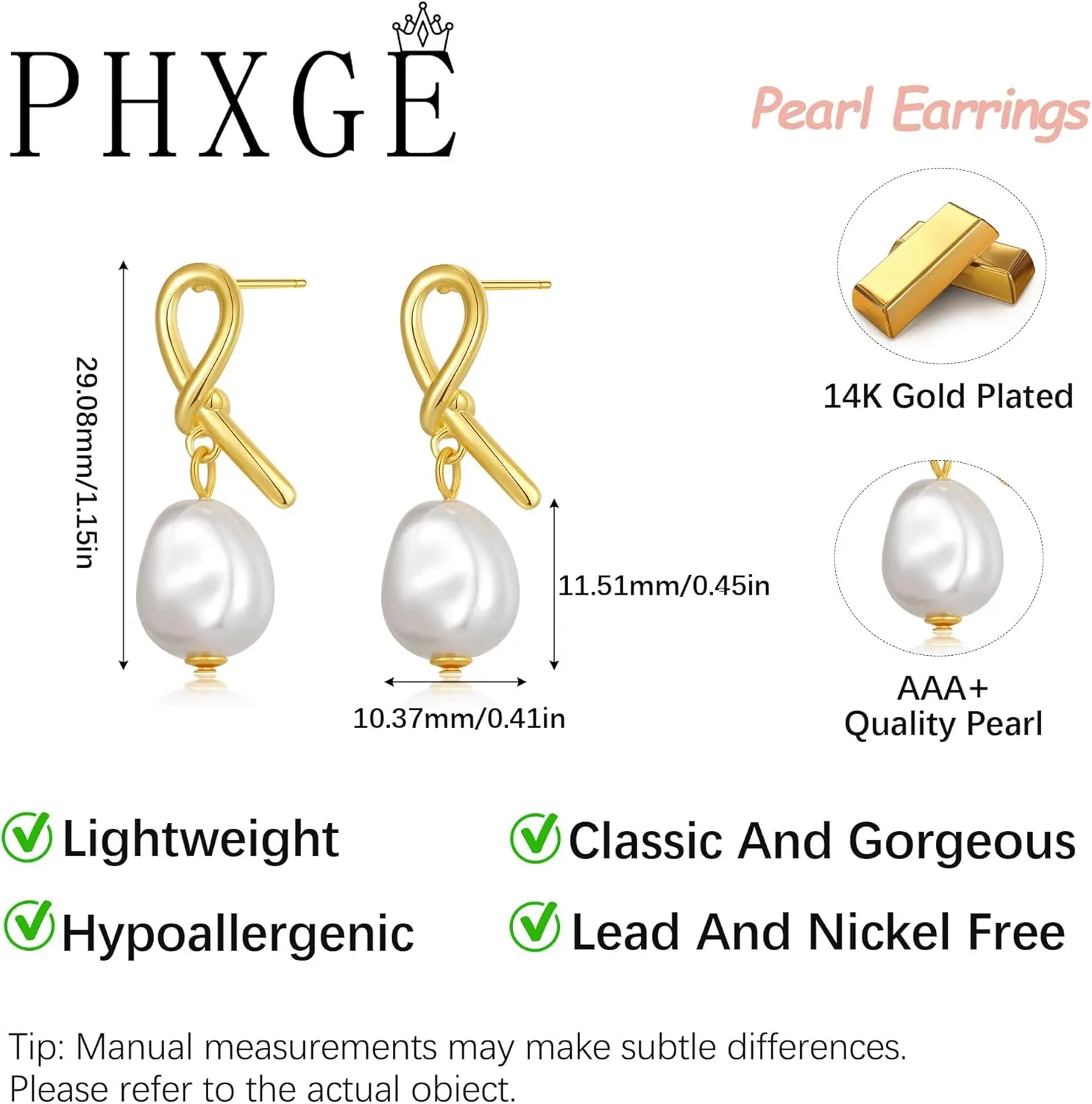 Pearl Earrings for Women Trendy - Gold Hoop Earrings 14K Gold Plated Dangle Drop Huggie Earrings Dainty Hypoallergenic Lightweight Cute Studs Wedding Jewelry Gifts