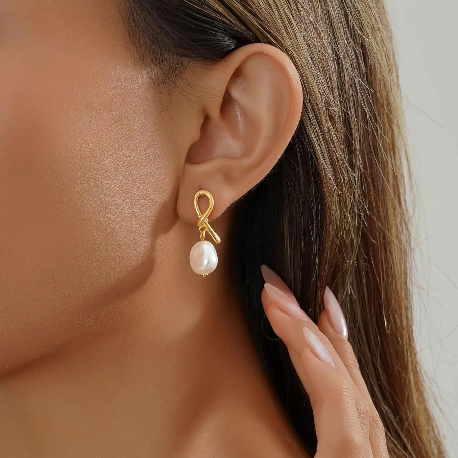 Pearl Earrings for Women Trendy - Gold Hoop Earrings 14K Gold Plated Dangle Drop Huggie Earrings Dainty Hypoallergenic Lightweight Cute Studs Wedding Jewelry Gifts