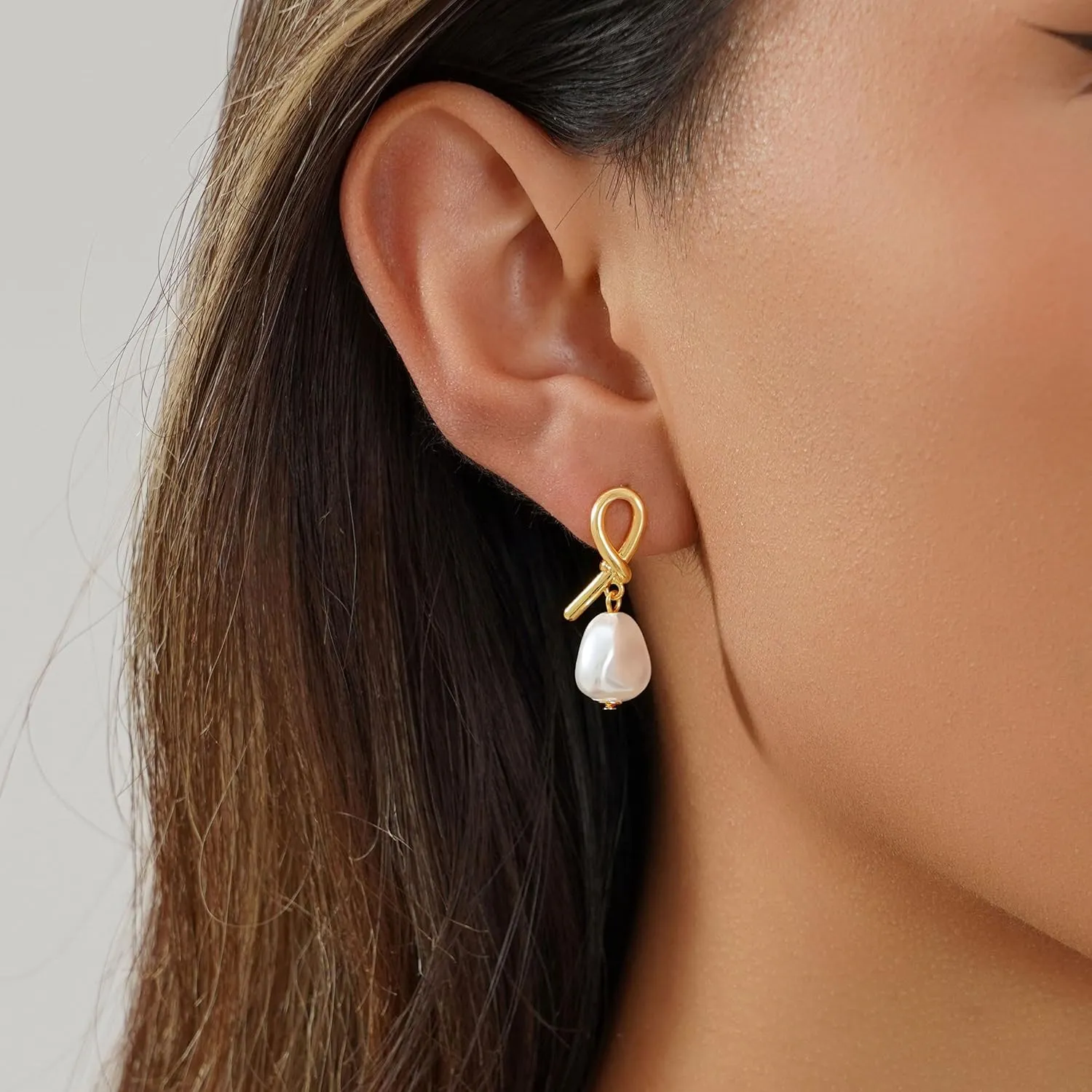 Pearl Earrings for Women Trendy - Gold Hoop Earrings 14K Gold Plated Dangle Drop Huggie Earrings Dainty Hypoallergenic Lightweight Cute Studs Wedding Jewelry Gifts