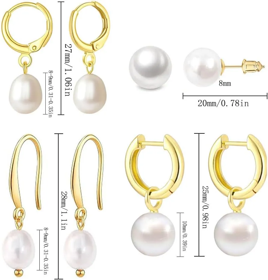 Pearl Earrings Set Hypoallergenic 14K Gold Plated Freshwater Long Pearl Drop Dangle Earrings 8mm 10mm Fake Pearls Studs for Women Gift Wedding Earrings for Brides Bridesmaid