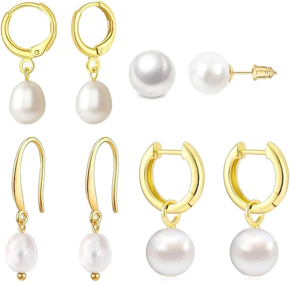 Pearl Earrings Set Hypoallergenic 14K Gold Plated Freshwater Long Pearl Drop Dangle Earrings 8mm 10mm Fake Pearls Studs for Women Gift Wedding Earrings for Brides Bridesmaid