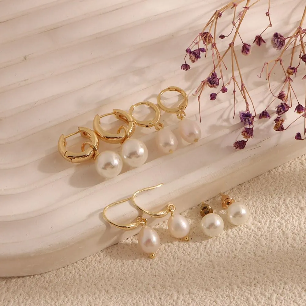 Pearl Earrings Set Hypoallergenic 14K Gold Plated Freshwater Long Pearl Drop Dangle Earrings 8mm 10mm Fake Pearls Studs for Women Gift Wedding Earrings for Brides Bridesmaid