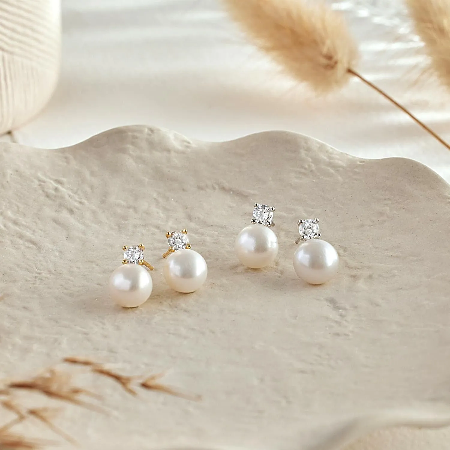 Pearl Earrings,6mm/8mm/10mm Gold/Silver Pearl Stud Earrings for Women Dainty 14K Gold CZ Diamond Earring Trendy Hypoallergenic Wedding Earring for Women Bridesmaid Gift