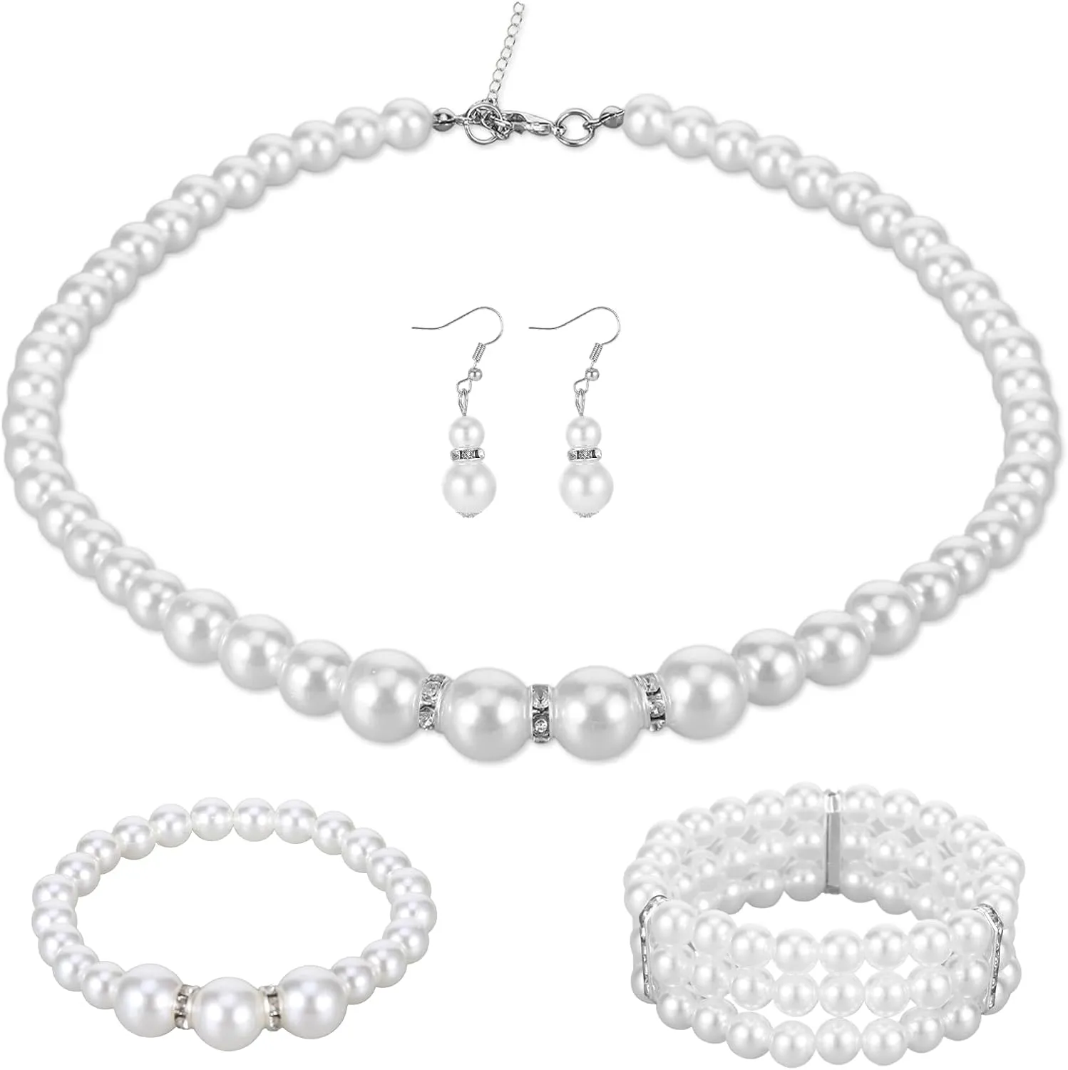 Pearl Jewelry Set for Women, White Pearl Necklace And Earring Set Bracelets for Women