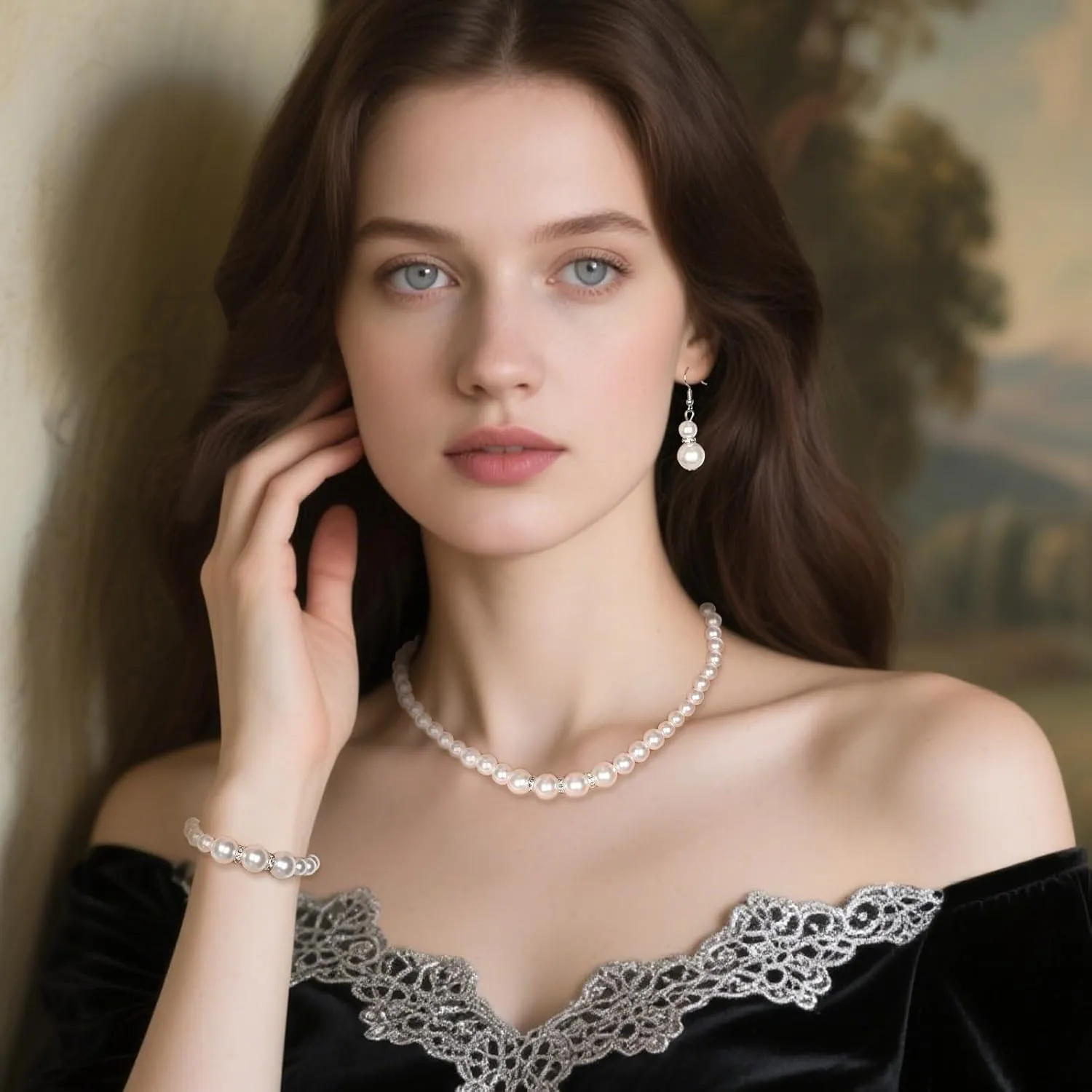 Pearl Jewelry Set for Women, White Pearl Necklace And Earring Set Bracelets for Women