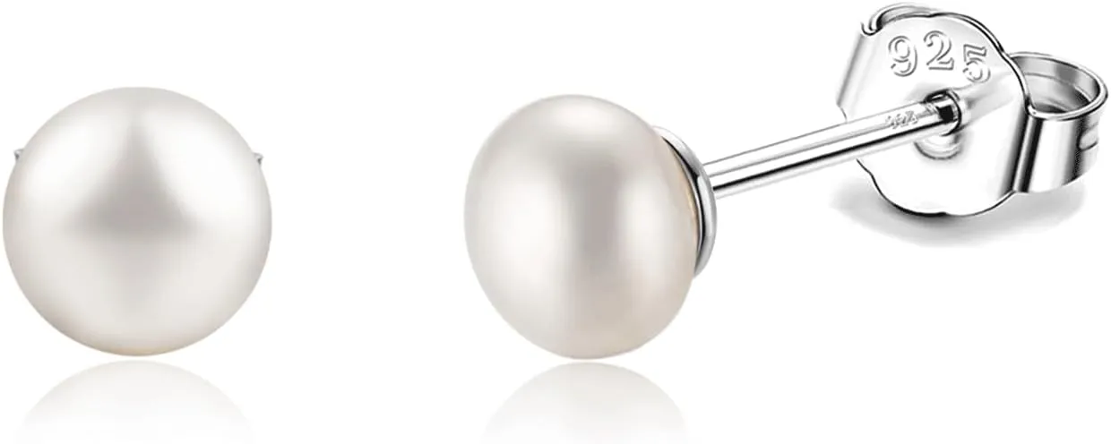 Pearl Stud Earrings Sterling Silver Small Tiny 3-5mm White Freshwater Pearl Earrings Studs Silver/Gold for Women