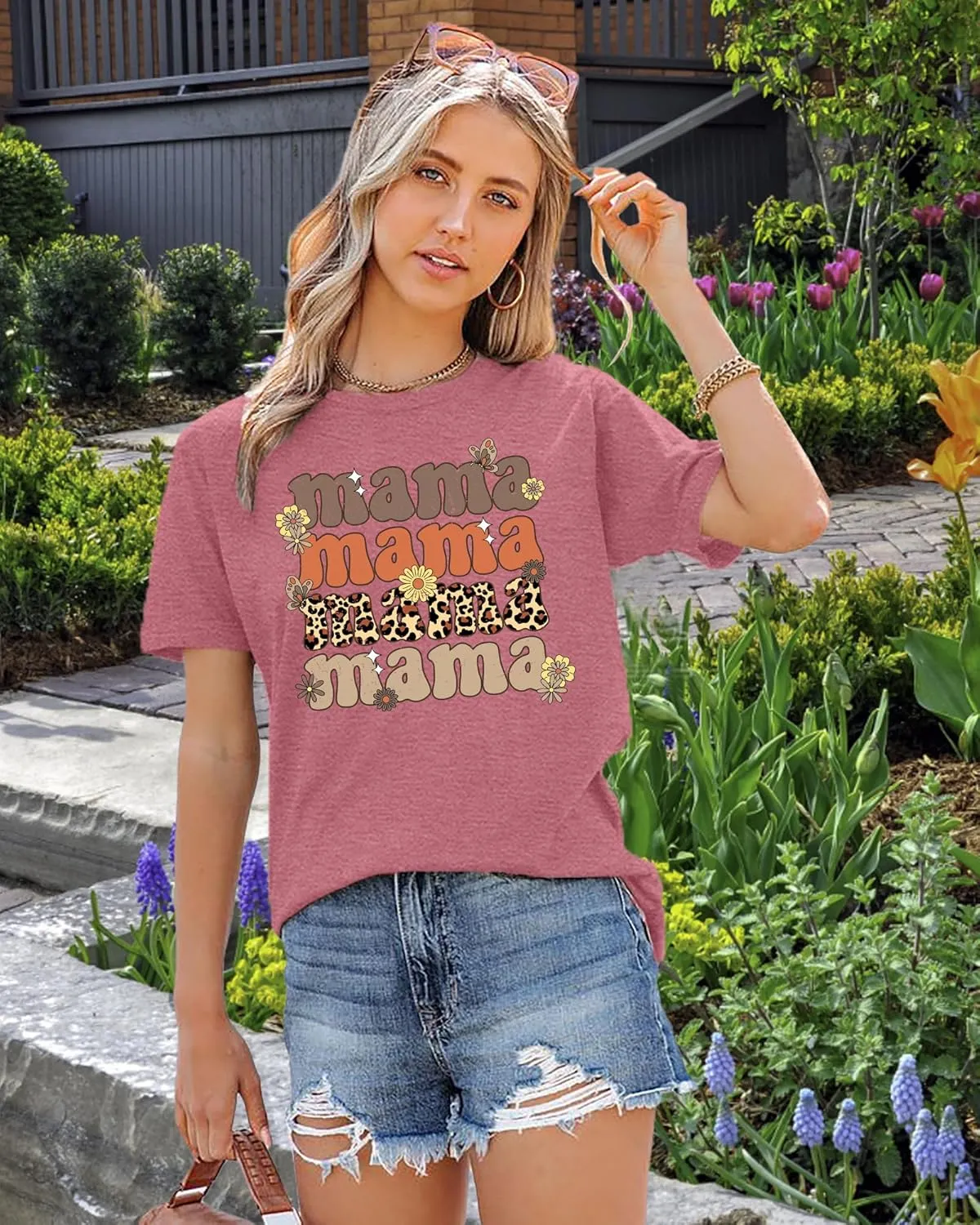 PECHAR Mama Shirt Women Leopard Mama Shirts Retro Flower Mama Graphic Cheetah Mom Tees Tops Blouses