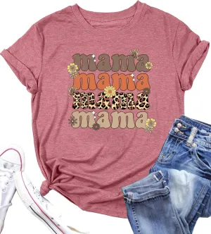 PECHAR Mama Shirt Women Leopard Mama Shirts Retro Flower Mama Graphic Cheetah Mom Tees Tops Blouses
