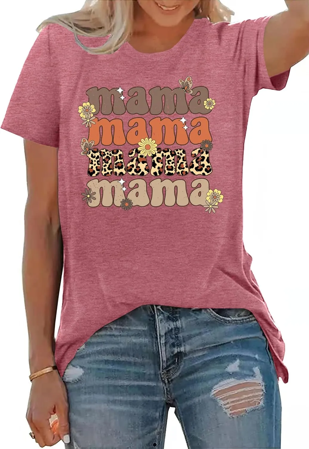 PECHAR Mama Shirt Women Leopard Mama Shirts Retro Flower Mama Graphic Cheetah Mom Tees Tops Blouses