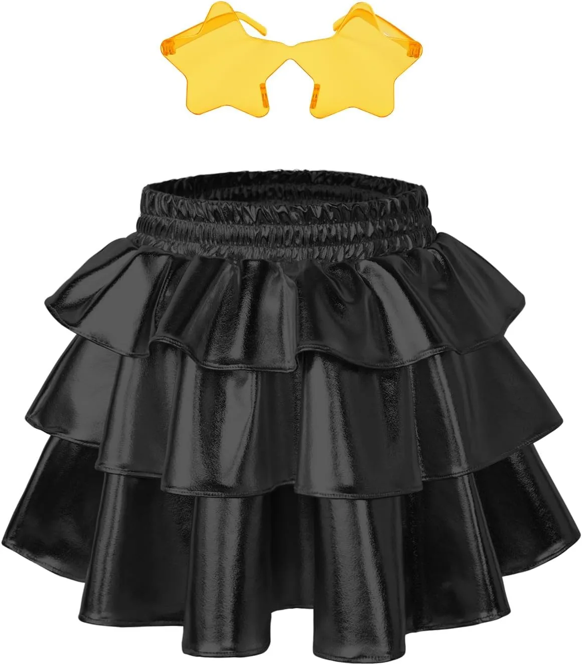 Perfashion Girls' Sparkle Metallic Skirts Layers Ruffle Sequin Tutu Dance Skirt with Sunglasses for Kids 6-15 Years