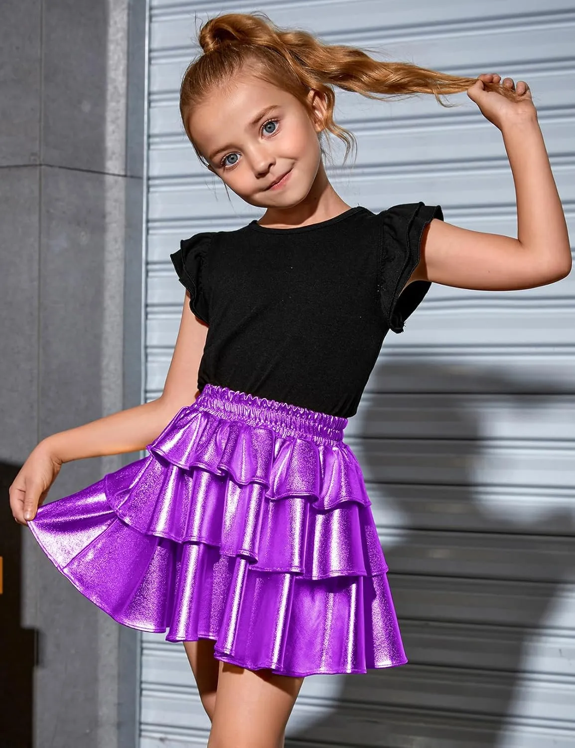 Perfashion Girls' Sparkle Metallic Skirts Layers Ruffle Sequin Tutu Dance Skirt with Sunglasses for Kids 6-15 Years