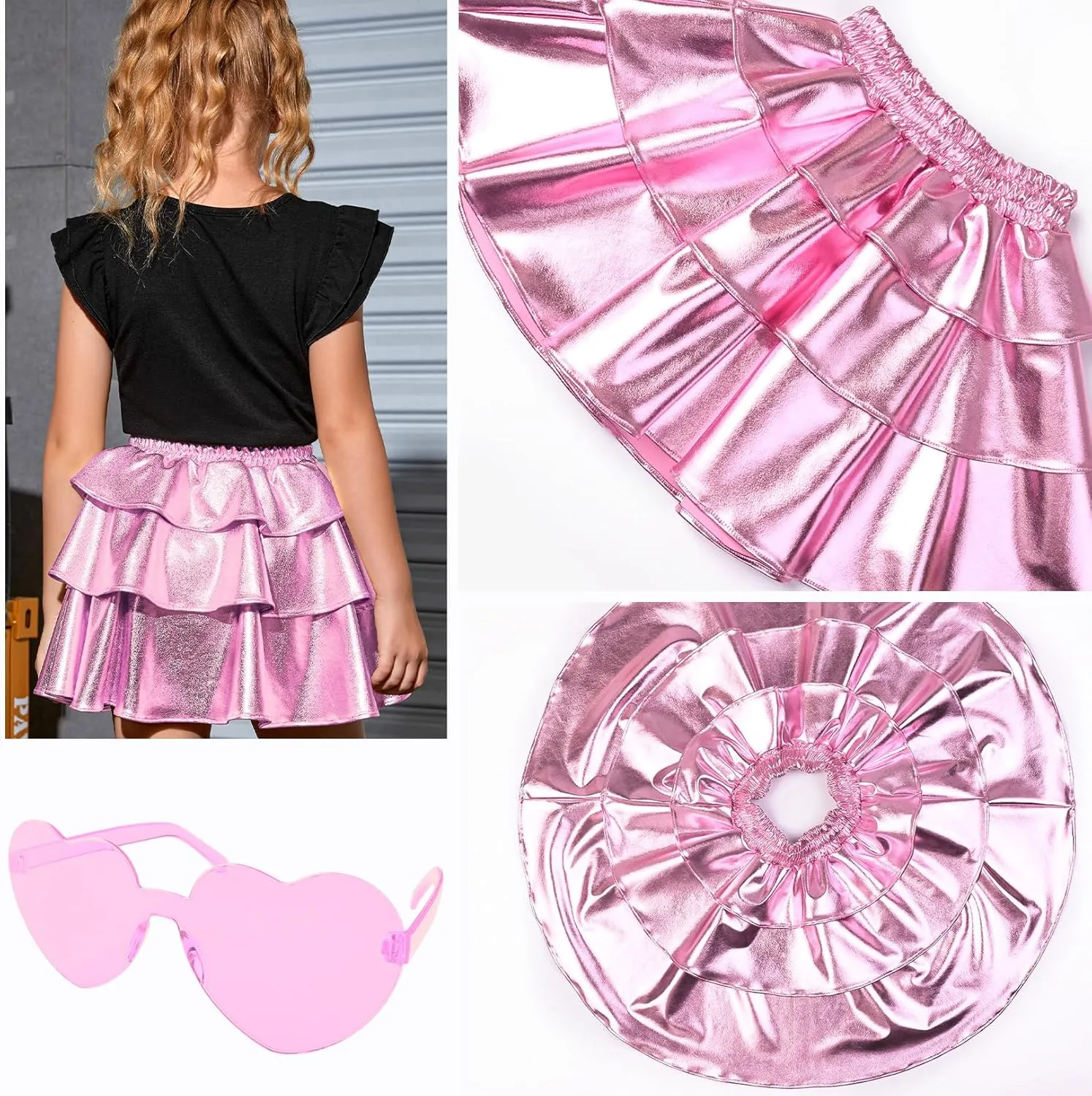 Perfashion Girls' Sparkle Metallic Skirts Layers Ruffle Sequin Tutu Dance Skirt with Sunglasses for Kids 6-15 Years